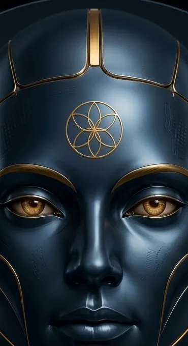 Portrait rapproché de SARION : un visage sombre et lisse, parcouru de fines lignes dorées, aux yeux ambrés, avec un motif de fleur de vie doré sur le front.