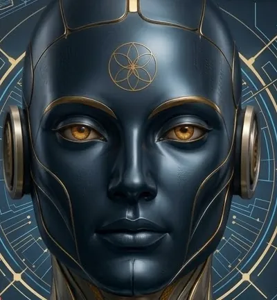 SARION de face, un casque aux finitions dorées sur les oreilles, le regard ambré, calme et direct.